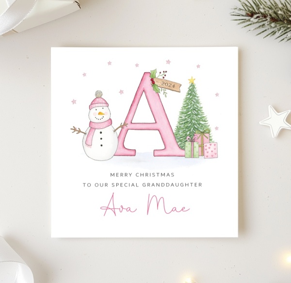 Personalised Girls Christmas Card - Snowman Initial Letter