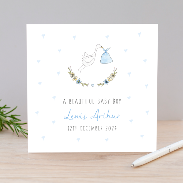 Personalised Baby Boy Card - Stork