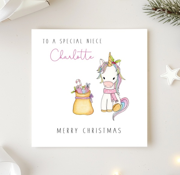 Personalised Unicorn Christmas Card - Daughter, Granddaughter, Niece, Sister