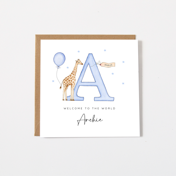 Personalised New Baby Boy Card - Alphabet Letter and Giraffe