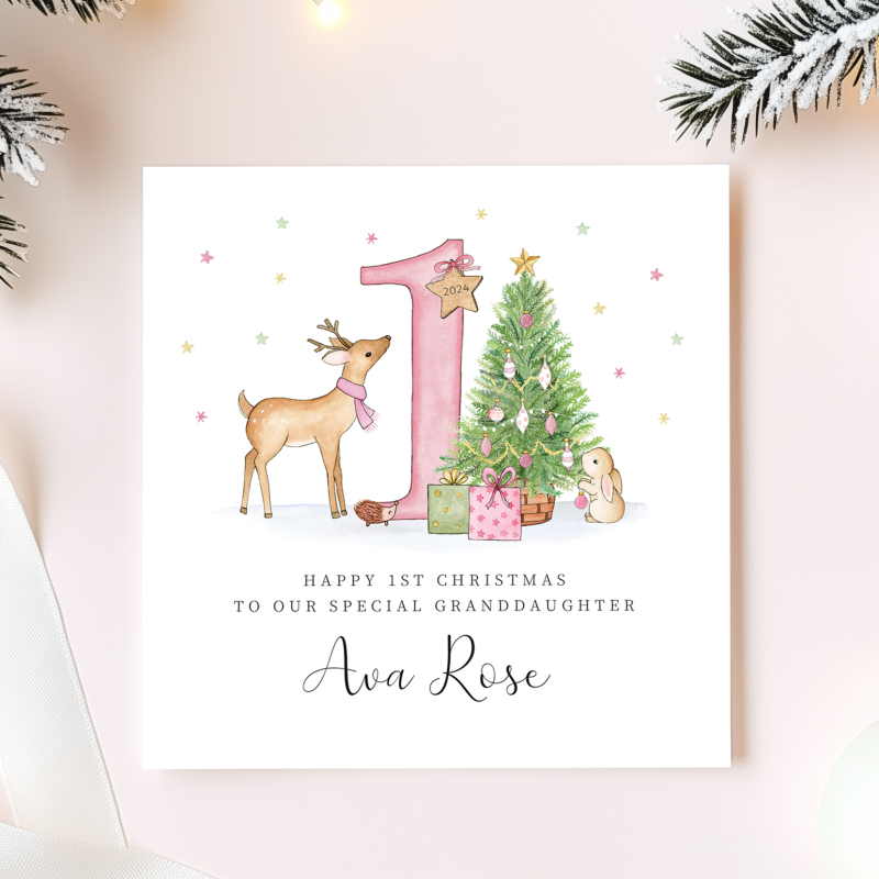 Personalised 1st Christmas Card For A Little Girl - Pink