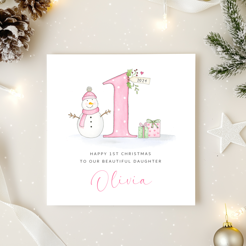 Personalised Girls First Christmas Card - 1st Christmas Card - Snowman