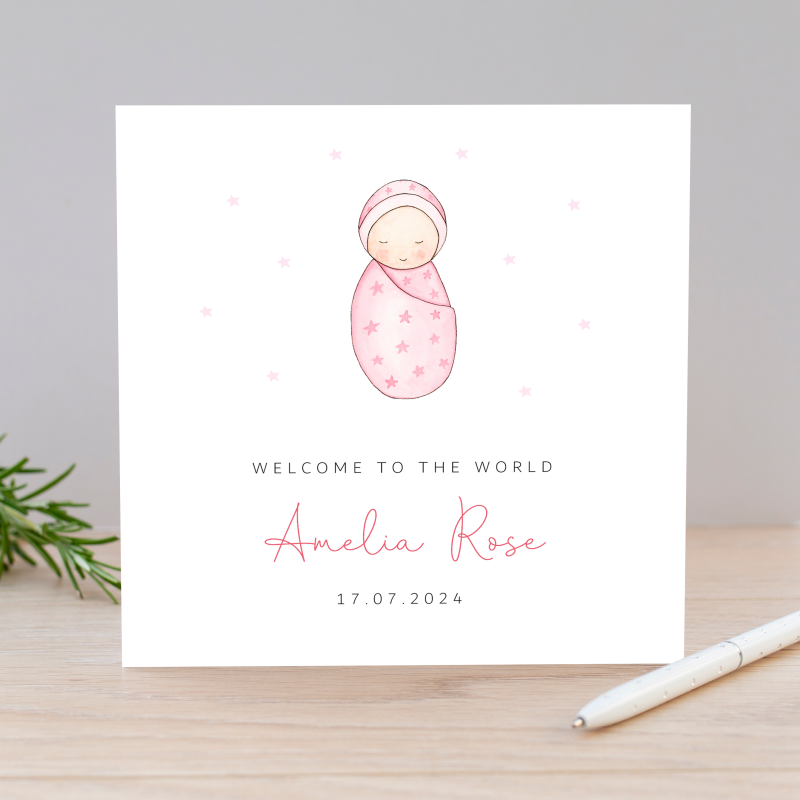 Personalised New Baby Girl Card - Baby in blanket