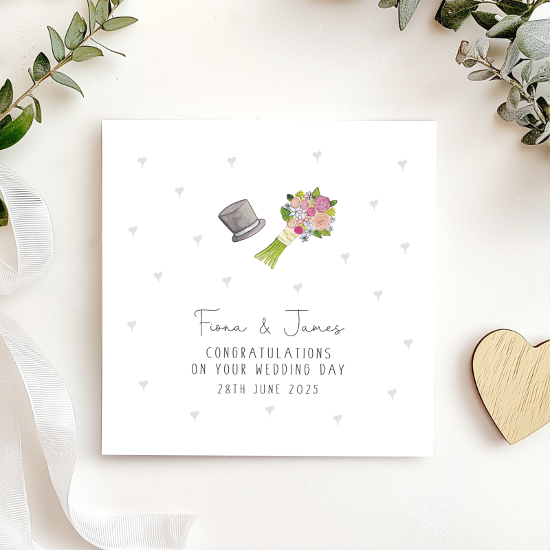 Personalised Wedding Day Card - Bouquet and hat