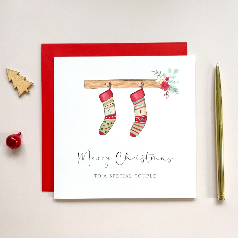 Personalised Christmas card For A Couple - Red Stockings