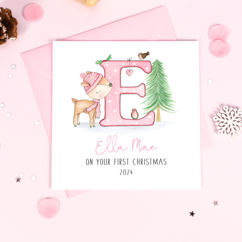 Personalised Girls 1st Christmas Card - Pink Letter