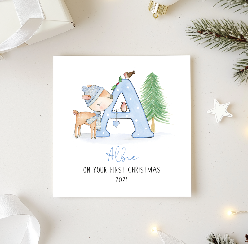 Personalised Boys 1st Christmas Card - Blue Letter and Deer