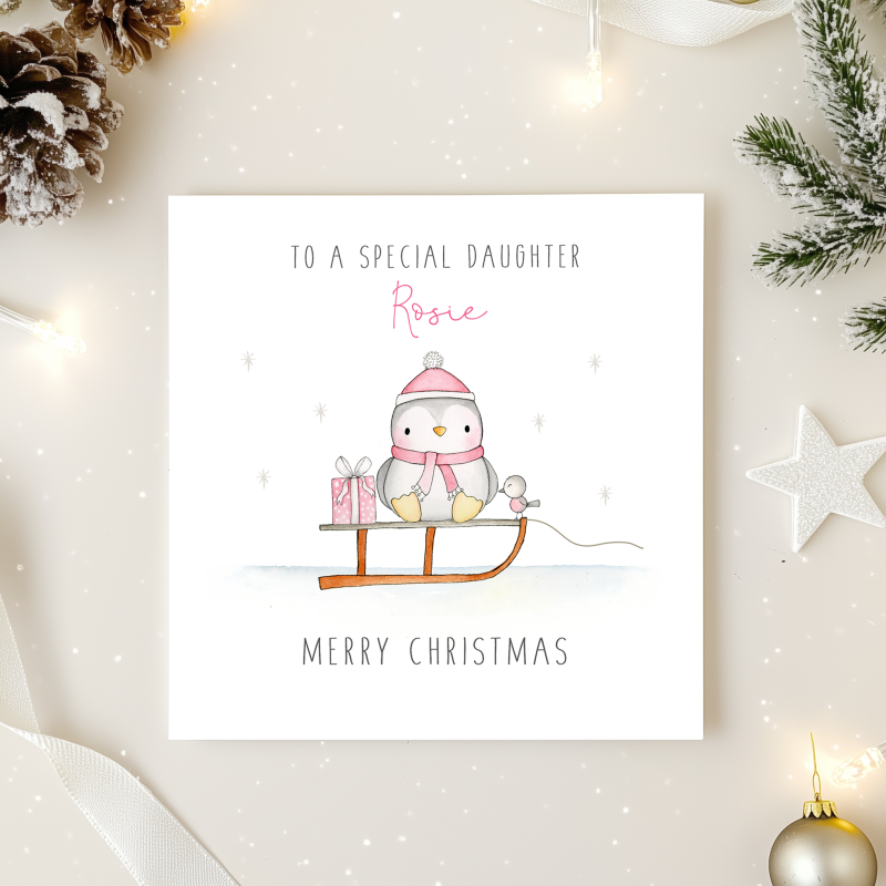 Personalised Girls Christmas Card - Penguin Christmas cards