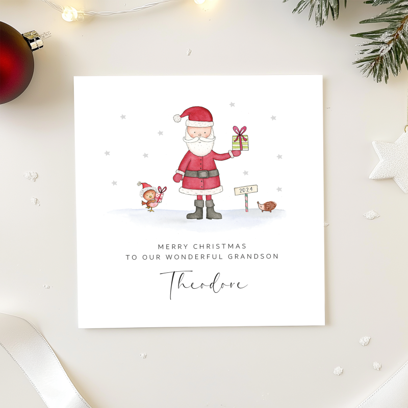 Personalised Boys Christmas Card - Santa and Robin