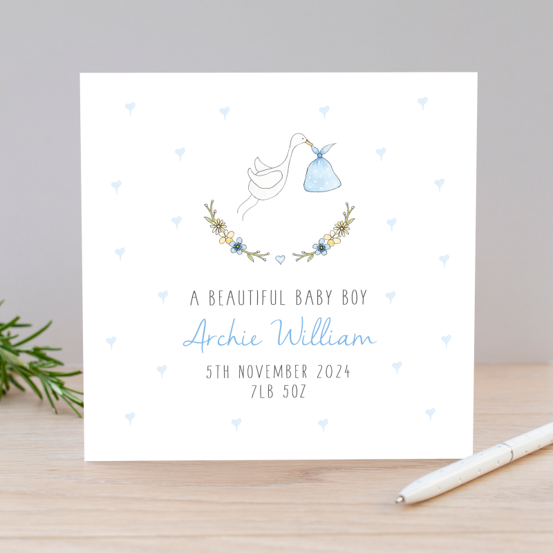 Personalised Baby Boy Card - Stork