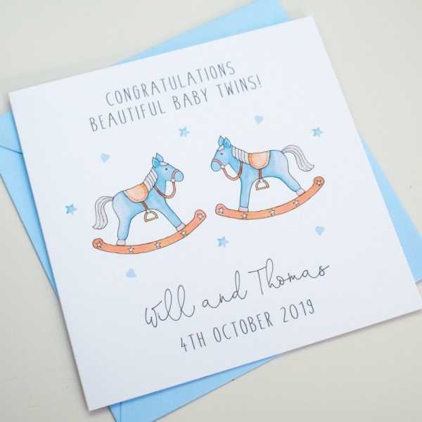 Personalised Baby Twins Card - Rocking Horses